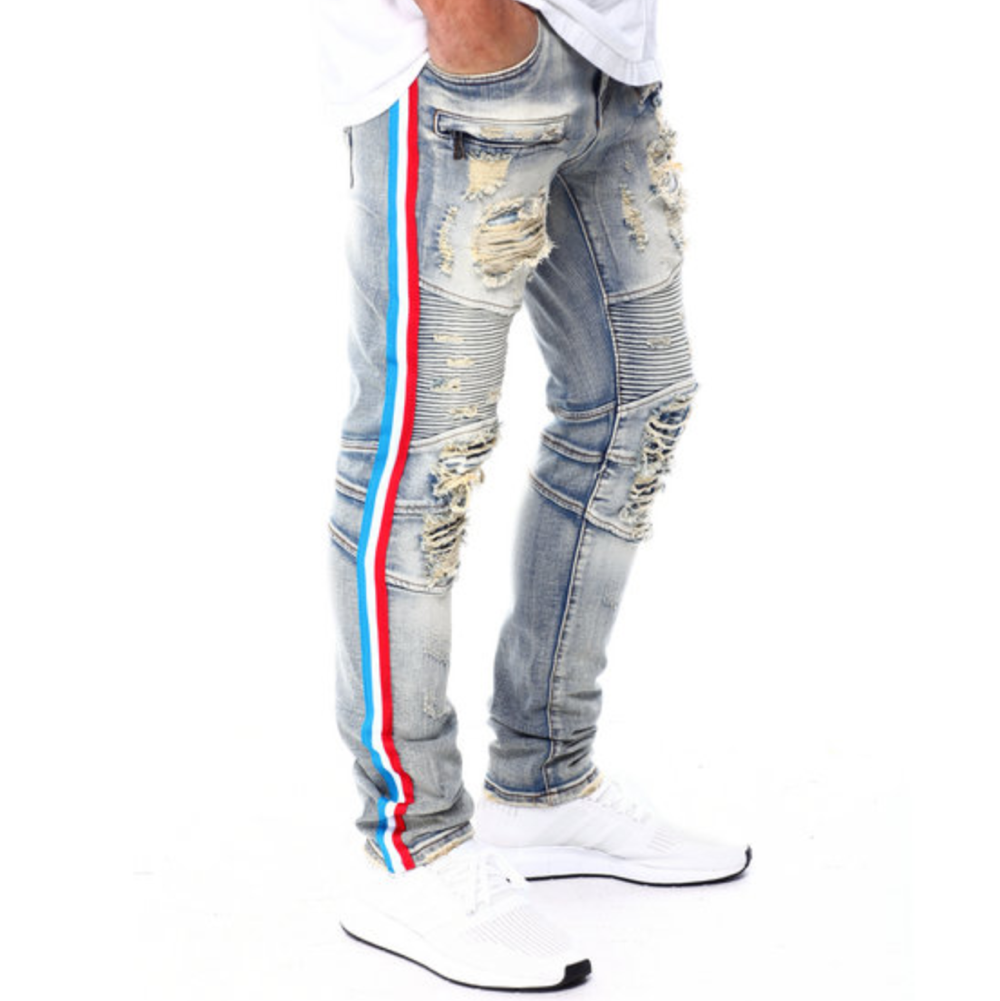 jeans with red and white stripe