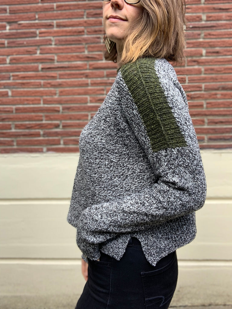 hand knit wool sweater with contrasting shoulder detail