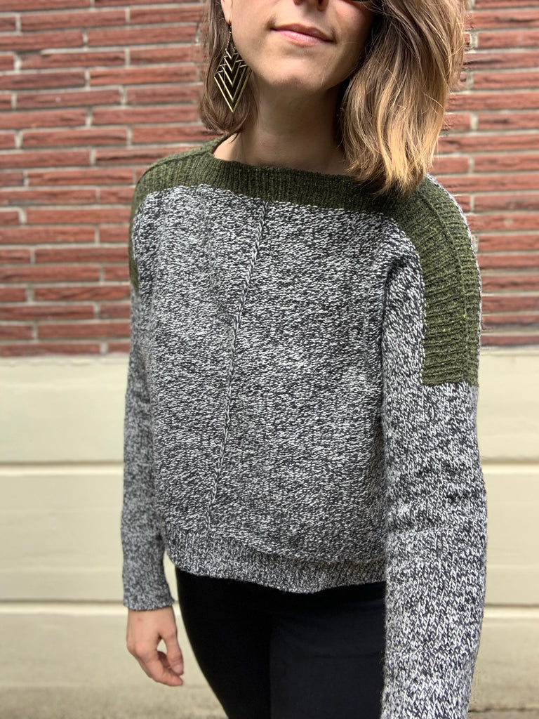 hand knit wool sweater with contrasting shoulder