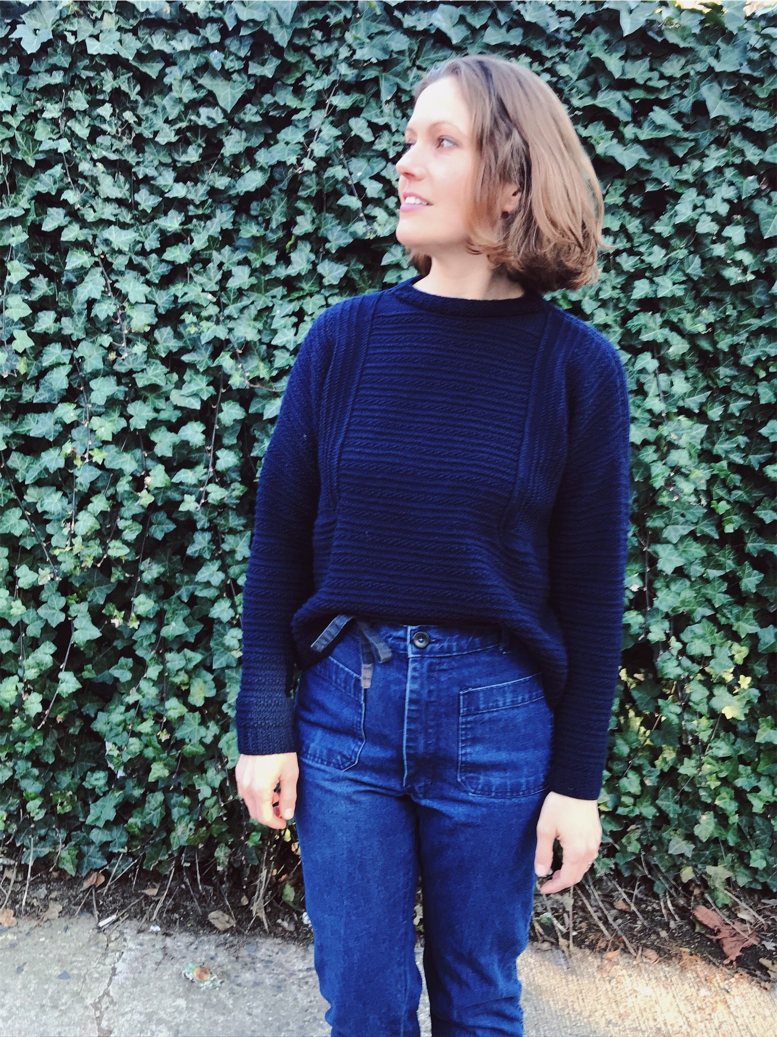 lis wearing her hand knit wool weidlinger sweater