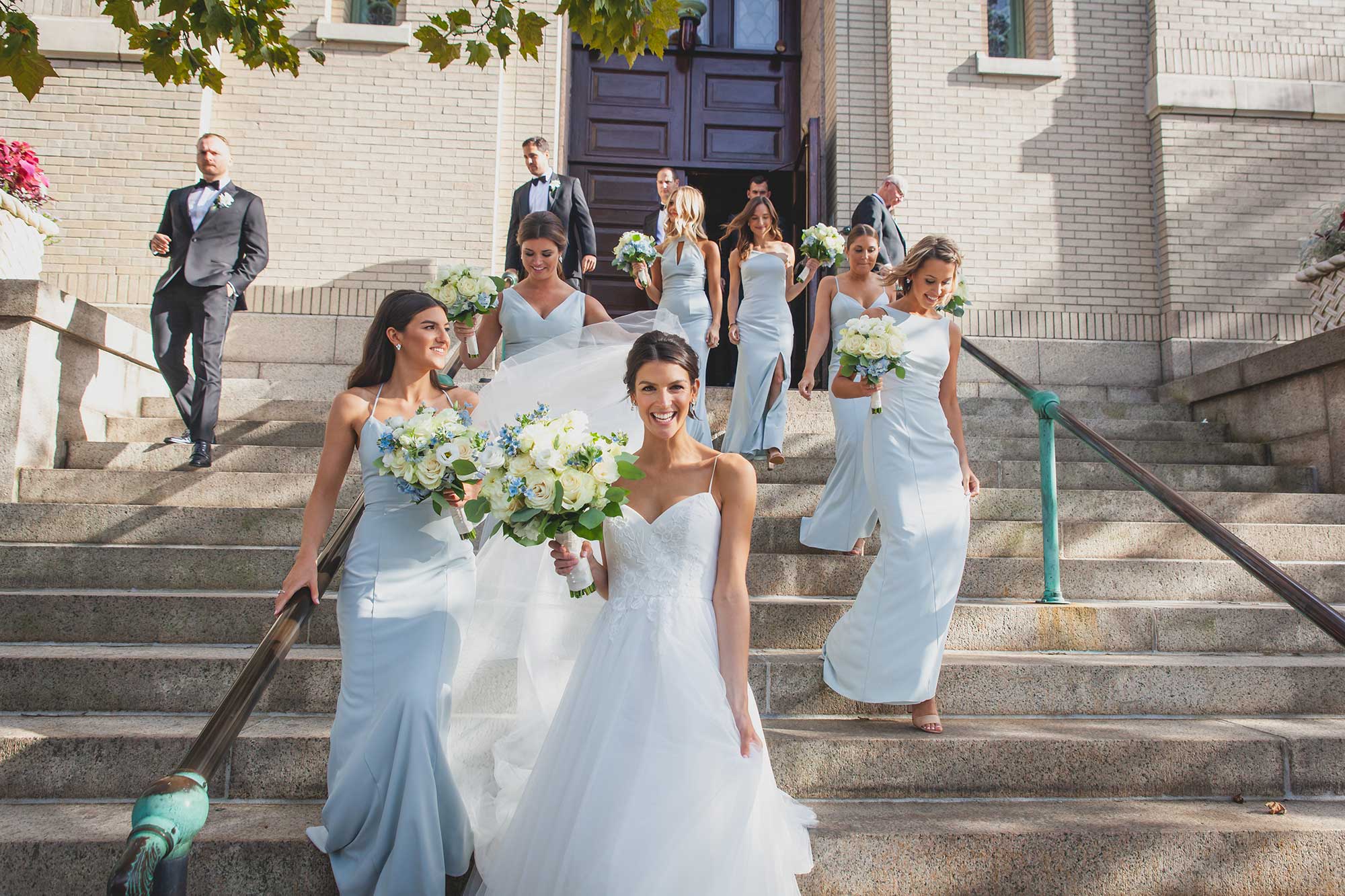 Nouvelle Amsale "Bryce" Wedding Dress Bridesmaids Church Steps