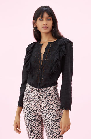La Vie Textured Slub Embroidered Top in Black