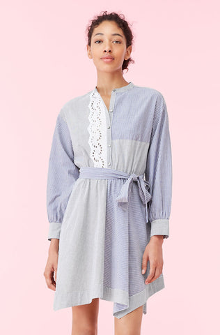 La Vie Mixed Stripe & Eyelet Dress in Blue/Black Combo