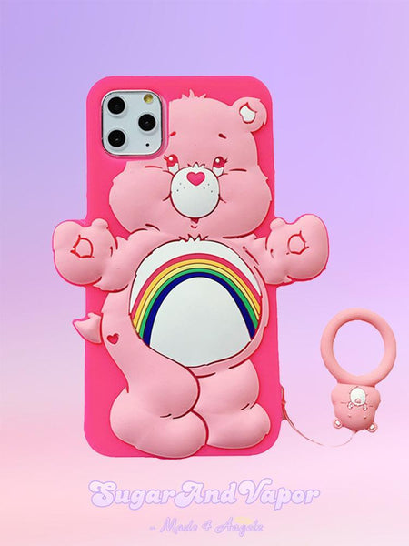 3D Rainbow Vintage Bears Silicone iPhone Case with Rings