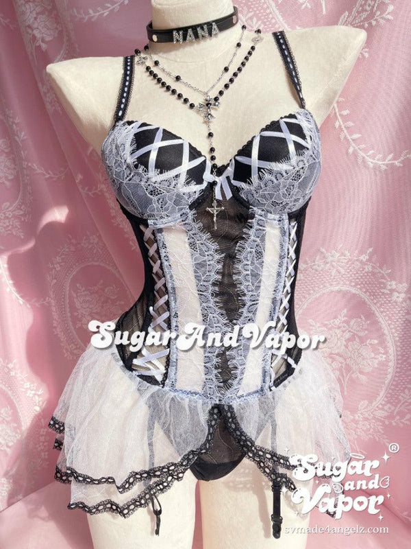 Beatrice Black White Bustier Lingerie Set-Lingeries-Artemis greece