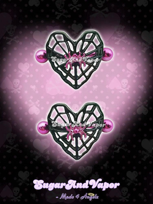 BlackPink Spider Heart Web Nipple Rings Set-Nipple Rings-Artemis greece