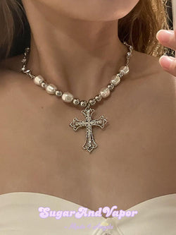 Bling Baroque Cross Pearls Choker-NECKLACES-Artemis greece