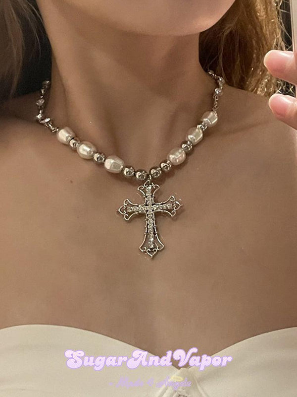 Bling Baroque Cross Pearls Choker-NECKLACES-Outback leconfield