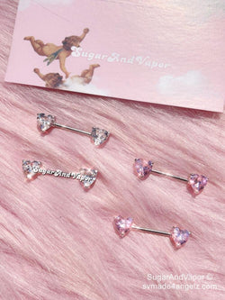 Bling Pink Hearts Crystals Barbell Nipple Rings Set-Nose Ring-Artemis greece