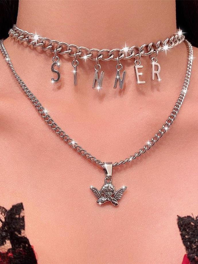 Custom Metal Letters Angel Chunky Chain Choker-NECKLACES-Artemis greece