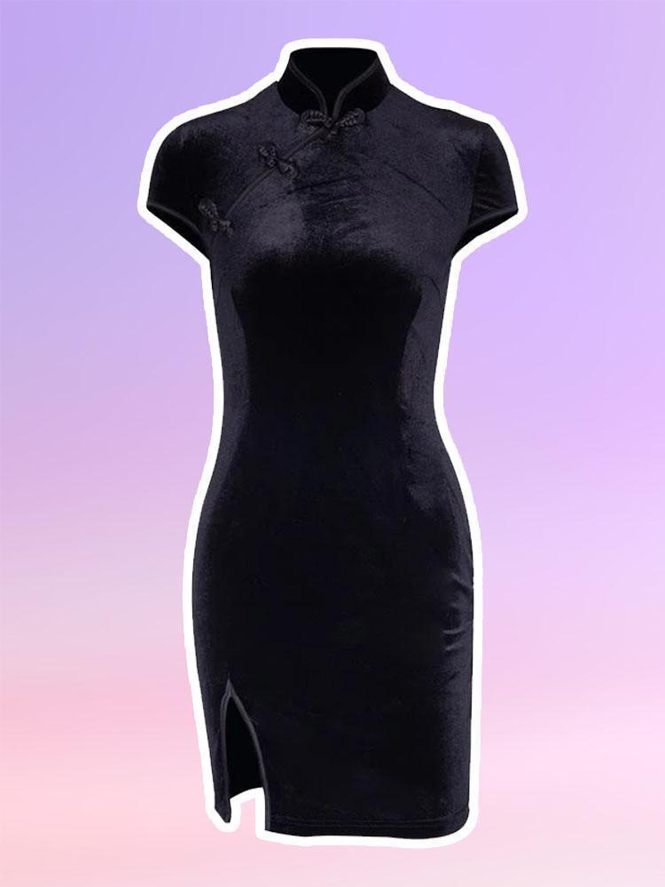 Goth Velvet Cheongsam Dress-DRESSES-Artemis greece