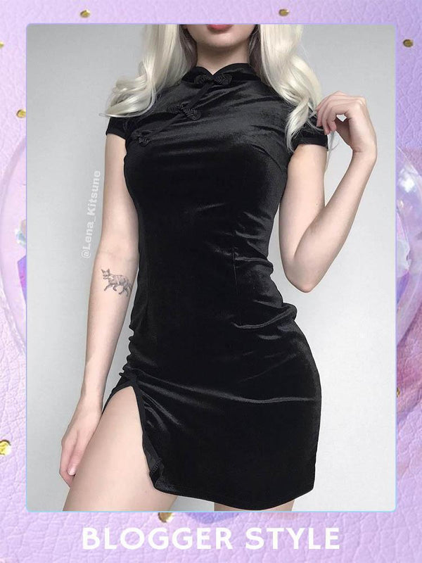 Goth Velvet Cheongsam Dress-DRESSES-Artemis greece