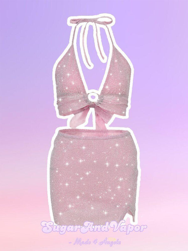 Larissa Fairy Pink Sparkle Raw Hem Halter Dress Set-DRESSES-Artemis greece