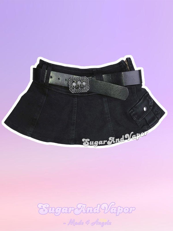 Nikki Black Mini Denim Skirt (with Skull Belt)-Skirts-Artemis greece