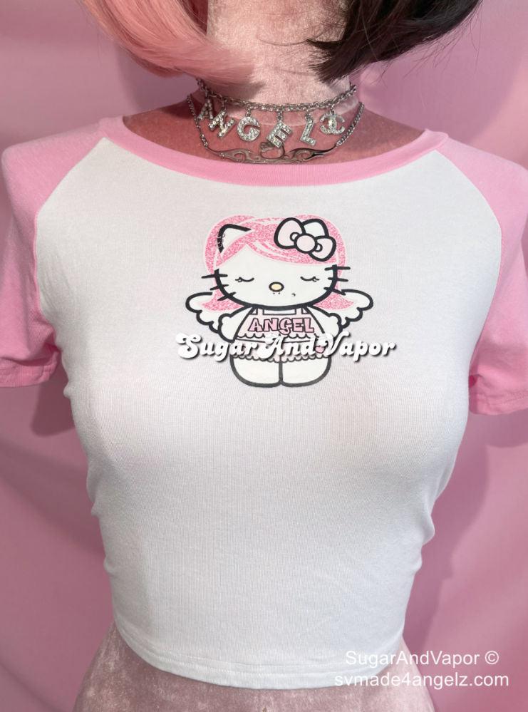 Pink Angel Kitty Raglan Crop Tee-TOPS-Artemis greece