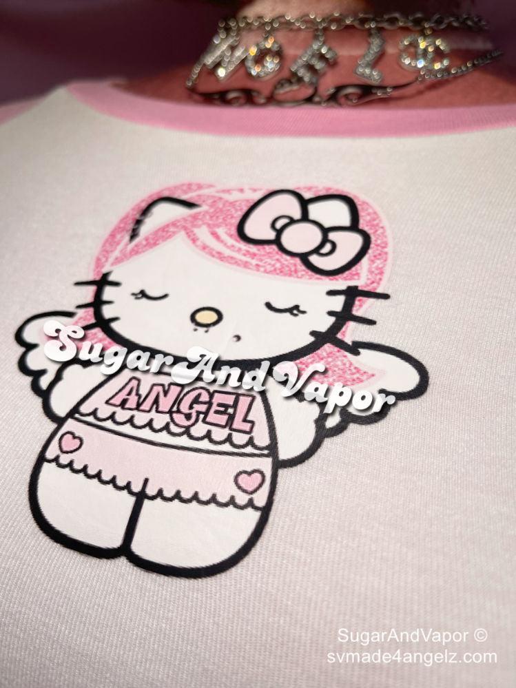 Pink Angel Kitty Raglan Crop Tee-TOPS-Artemis greece
