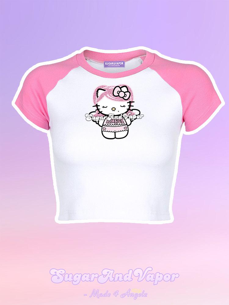 Pink Angel Kitty Raglan Crop Tee-TOPS-Artemis greece