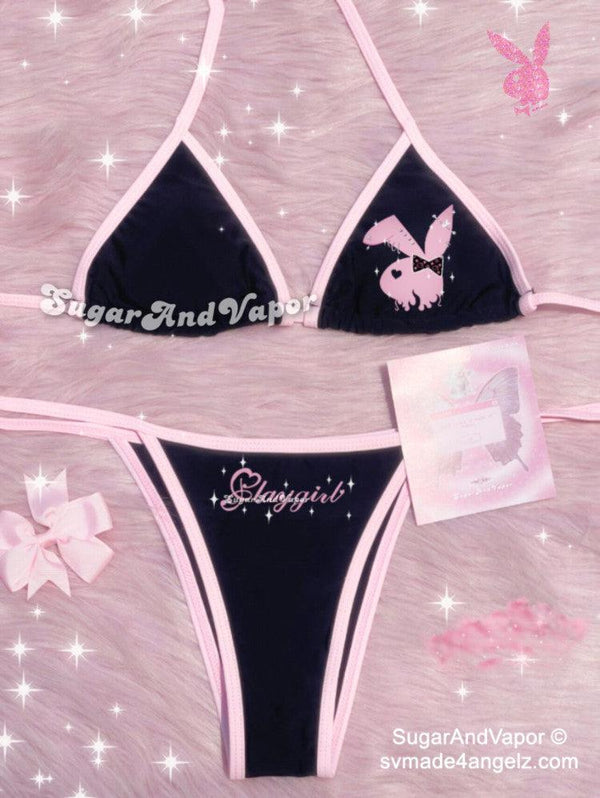 Playgirl Black Pink Bunny Bikini Set-Swimsuits-Artemis greece