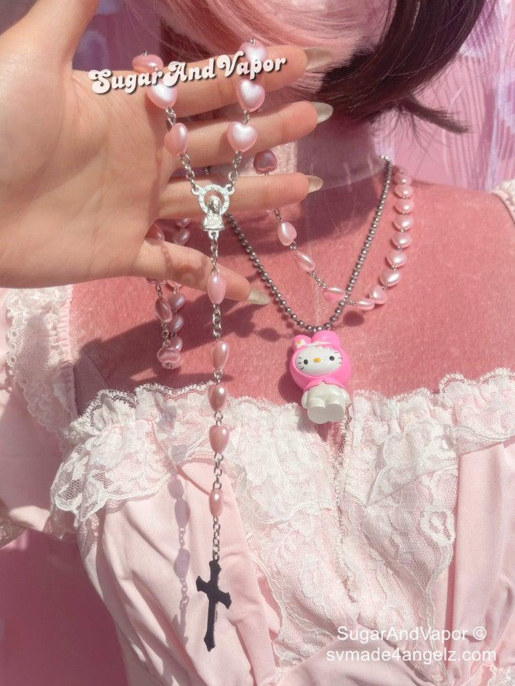 Prayer Pink Heart Chain Cross Necklace-NECKLACES-Artemis greece