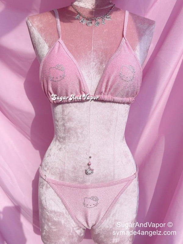 Custom Y2K Bling Kawaii Kitty Glitters Bikini Set-Swimsuits-Artemis greece