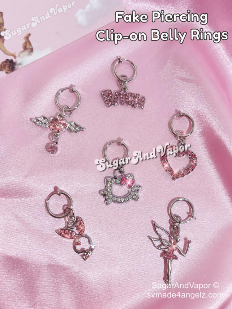 2000s Cute Pink Rhinestones Clip-on Belly Ring- Non Piercing-Belly Ring-Artemis greece