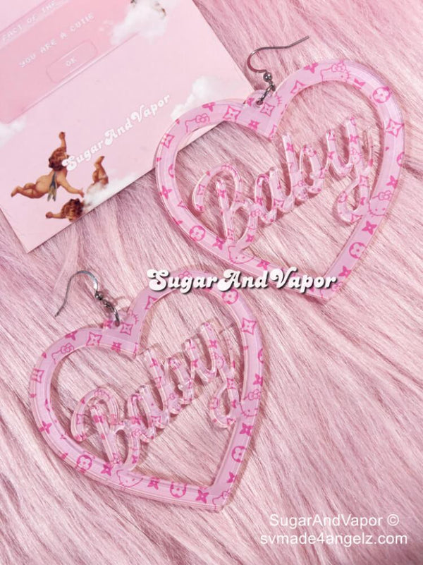 Y2K Pink Kitty Monogram Baby Heart Hoop Earrings-Earrings-Artemis greece