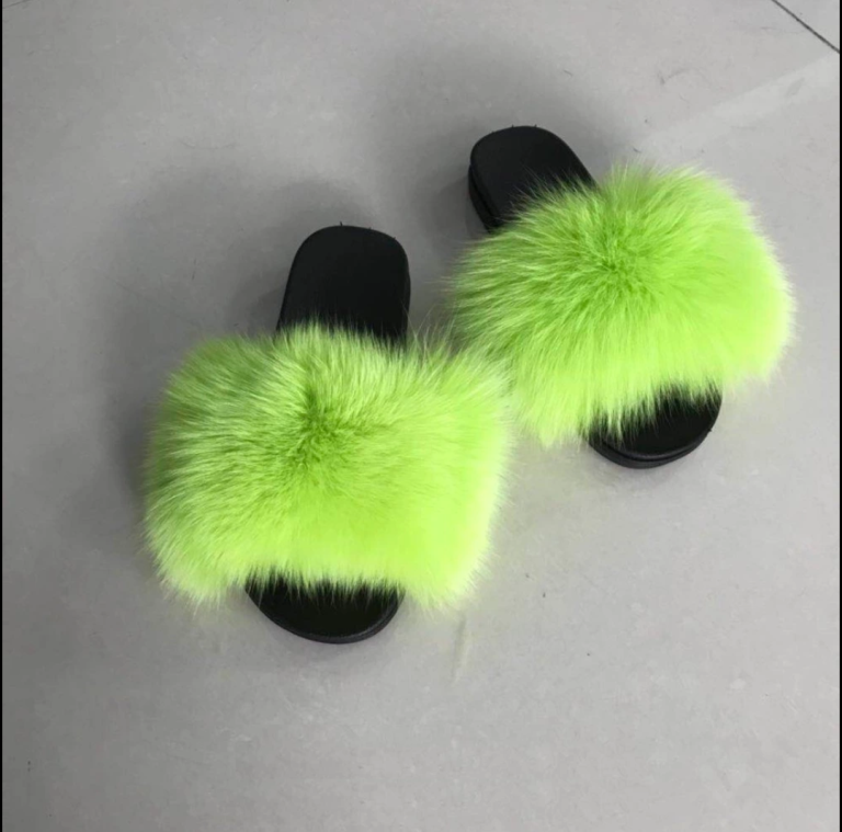 Fluffy Fox Fur Slides Neon Yellow 