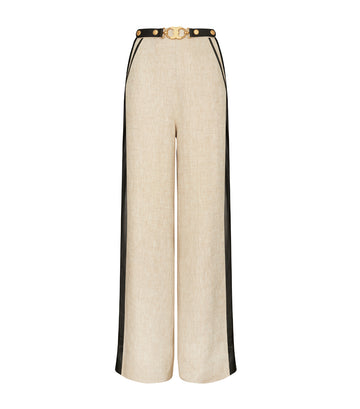 Leather-Trimmed Linen Trouser New Ivory