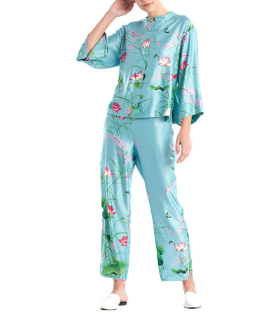 Lotus Garden Mandarin Pajama Set Aqua Multi