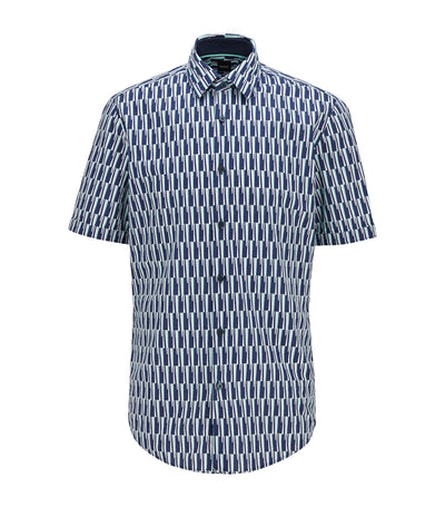 Regular-Fit Shirt in Printed Cotton and Linen Dark Blue