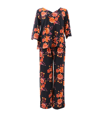Pia V-Neck Pajama Set Multicolor Black and Orange Floral