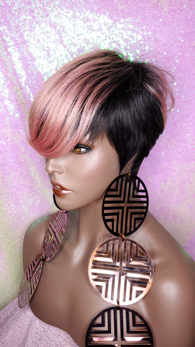 Wig Short Wig Pixie Cut Style with Swoop Bangs Wigs for Women Light Pi