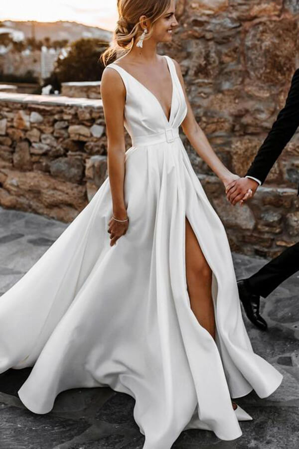 Satin A-line V-neck Sweep Train Wedding Dresses MW621 | Musebridals