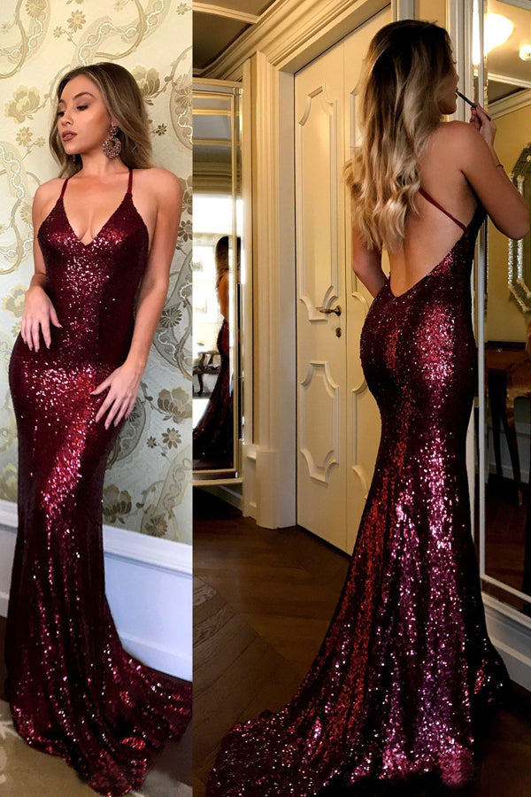 Sequins Spaghetti Straps V-neck Burgundy Mermaid Prom Dresses,MP623 –  Musebridals