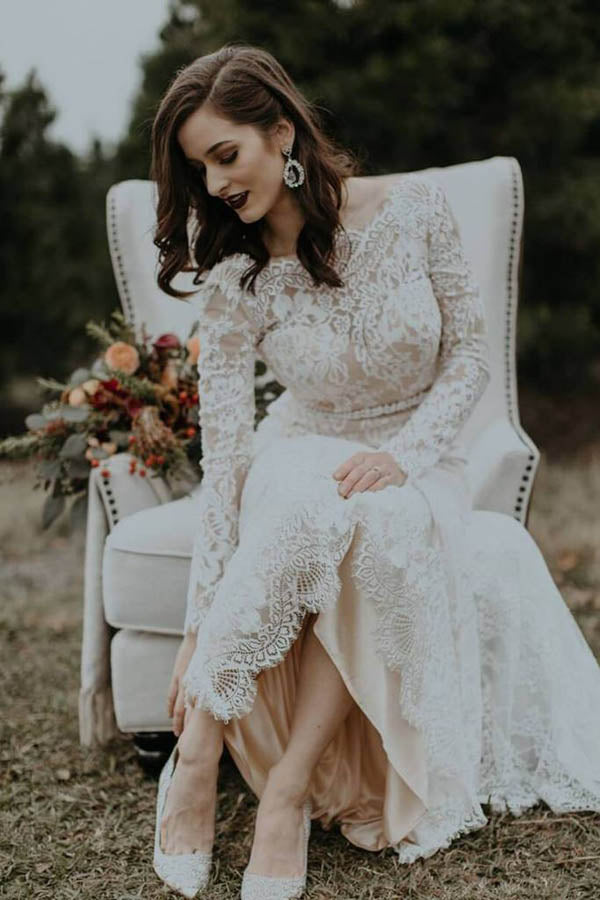 Elegant Vintage Ivory Backless Long Sleeve Rustic Lace Wedding – Musebridals