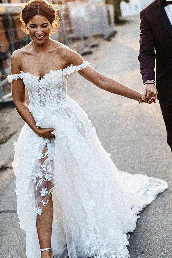 Romantic Beach Bohemian Wedding Dress 2018 Off Shoulder Chiffon Lace Bridal Gown 