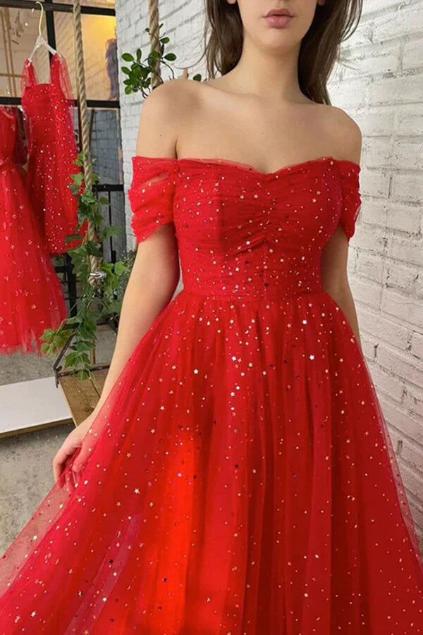Red Tulle Off-the-Shoulder Long Prom Dresses, Musebridals