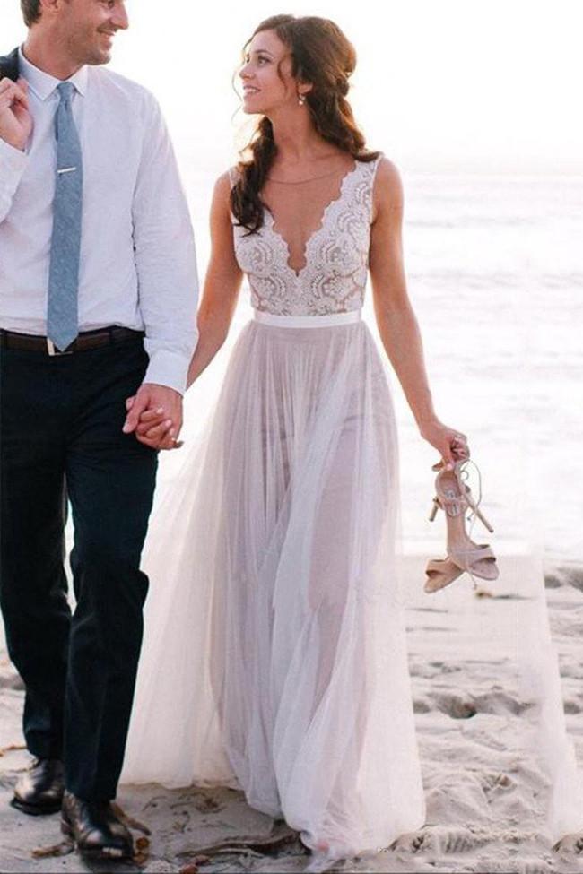 White Tulle Deep V Neck Lace Beach Wedding Dresses Bridal Dresses Mw210