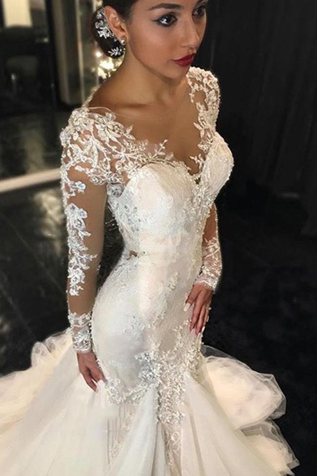 White Long Lace See Through Wedding Dress, Bridal Dresses, MW189 Musebridals