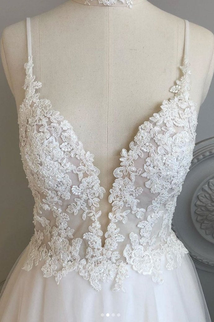 A Line Spaghetti Straps Beach Wedding Dresses Lace Wedding Gowns SED35 –  selinadress