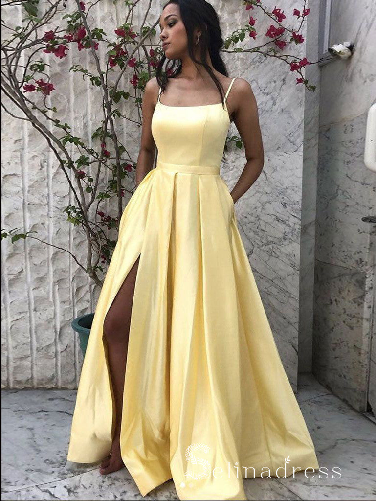 A-line Spaghetti Straps Cheap Long Prom Dress Yellow Evening Dress CBD –  selinadress