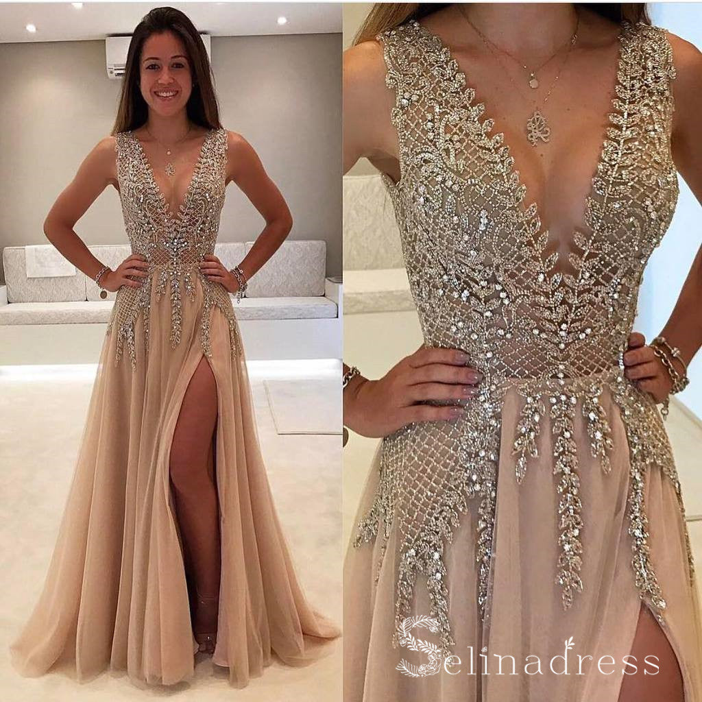 Beaded Sheer Lace Cut-out Thigh Split Prom Dress - Xdressy