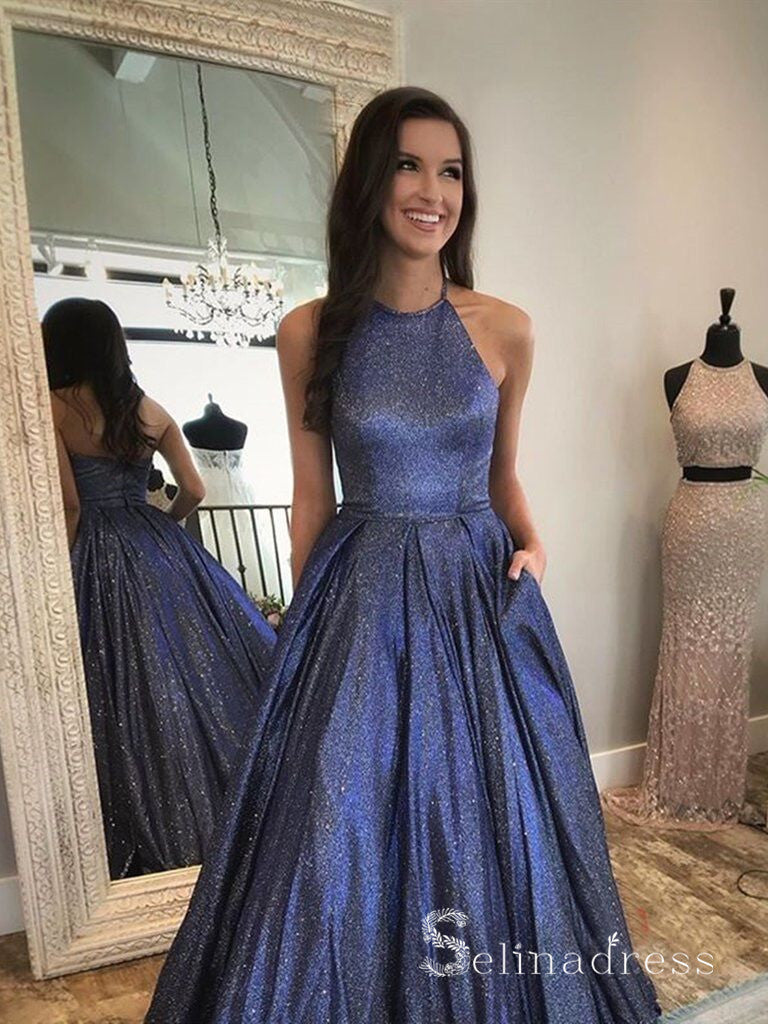 Sparkly Straps Navy Blue Sequin Long Prom Dress with Slit