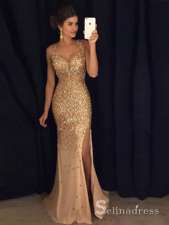 Mermaid Gold Sparkly Long Prom Dresses 