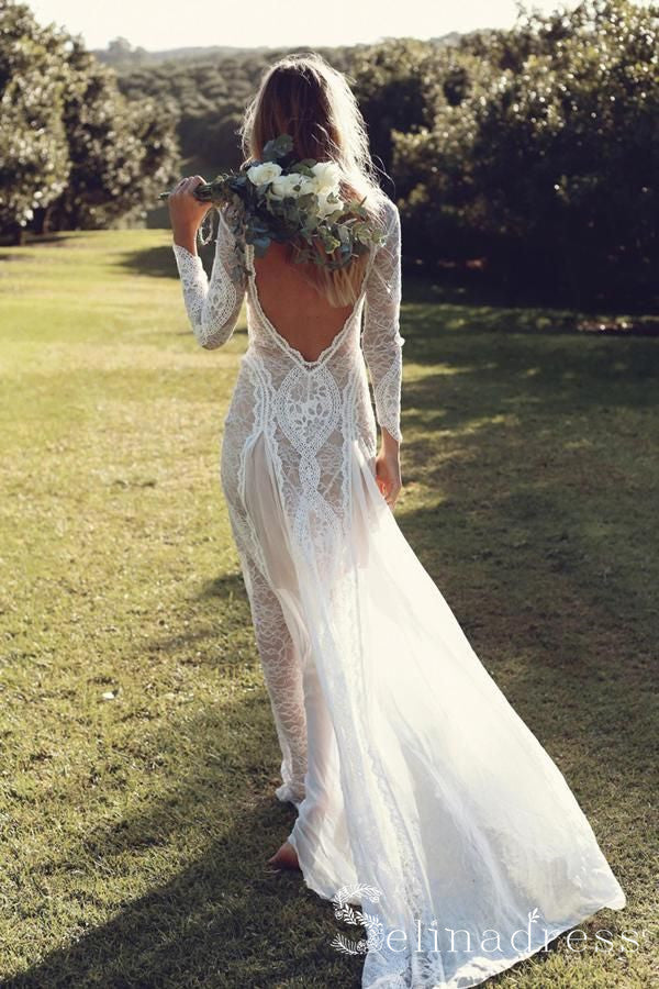 Open Back Sheath Column Rustic Lace Wedding Dress Boho Long Sleeve