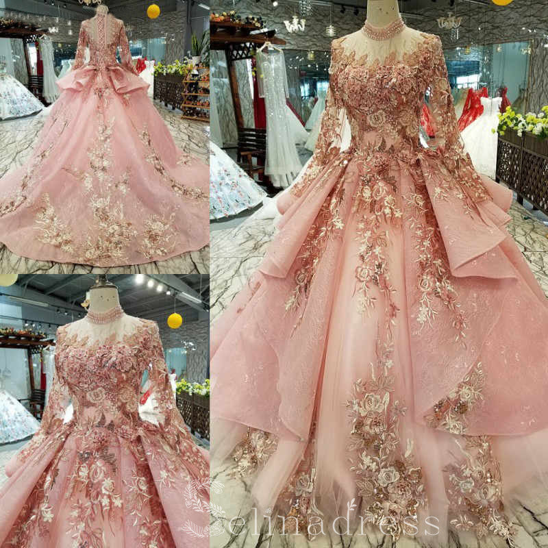 pink long gown with sleeves