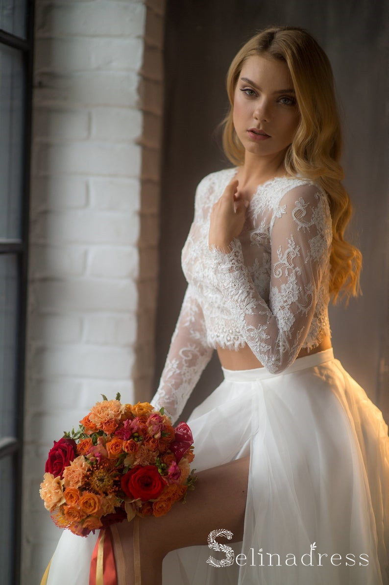 Two Pices Cheap Rustic Lace Country Wedding Dress With Long Sleeve