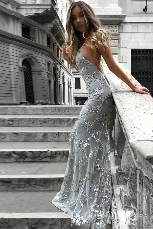 silver long dress prom