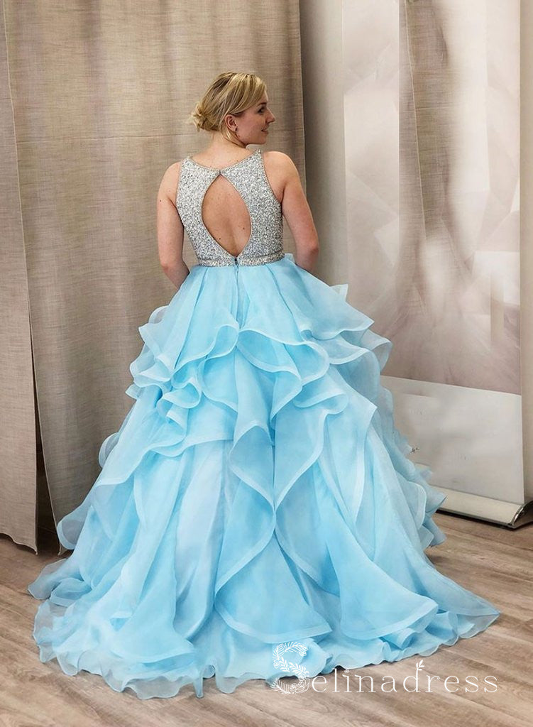 Sparkly Blue Beads Princess Prom Dress Multi-layered Long Formal Eveni –  selinadress
