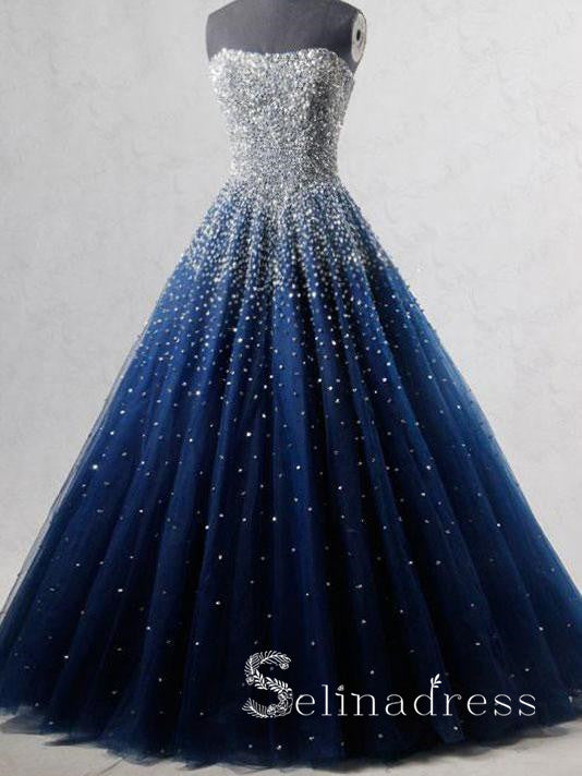 navy sparkly prom dress